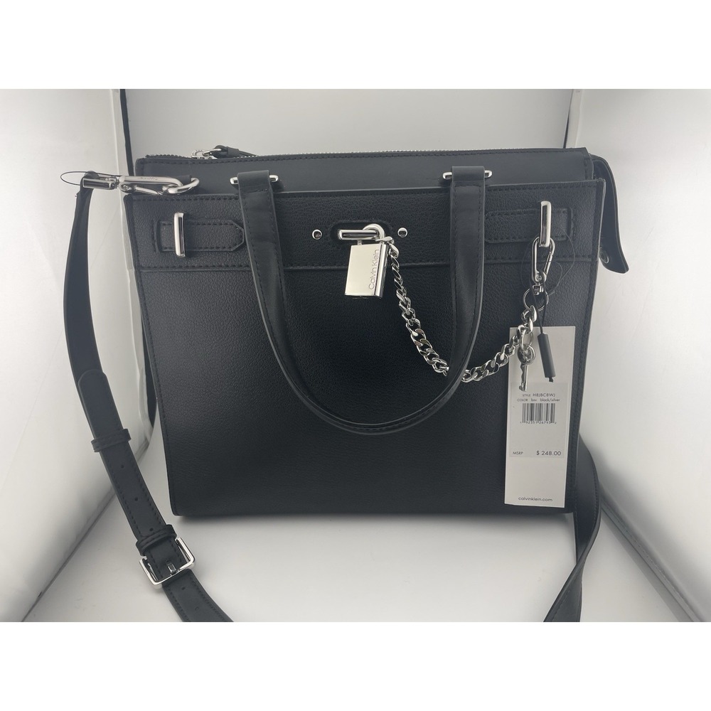 Calvin Klein Black Leather Handbag‎ Tote Top Handle Crossbody Shoulder NWT Roxy